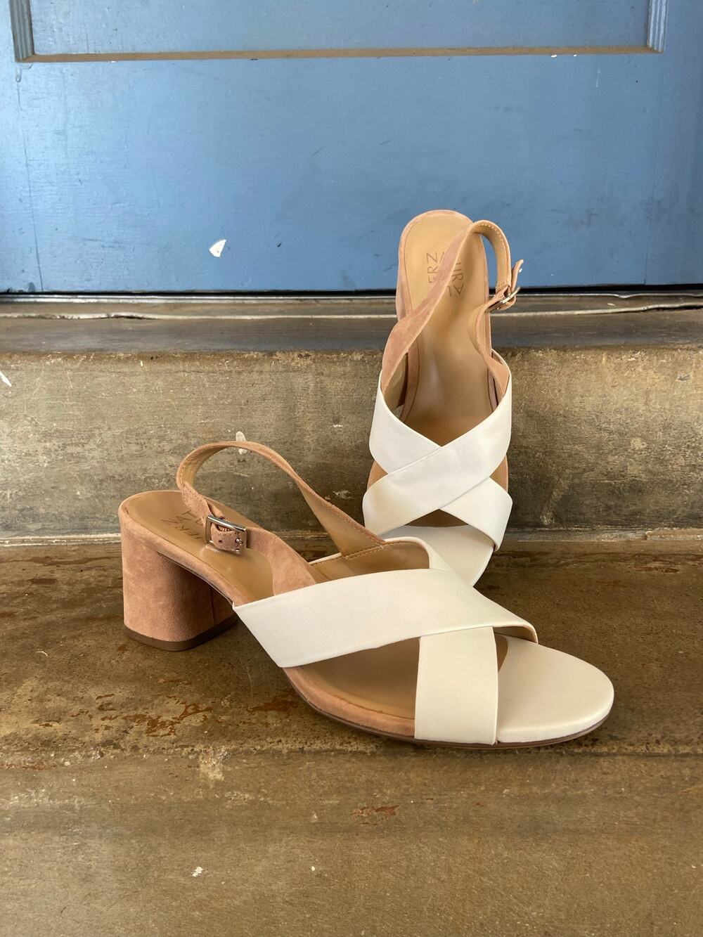 Naturalizer Azalea white and tan criss cross strap sling back block heel sandal